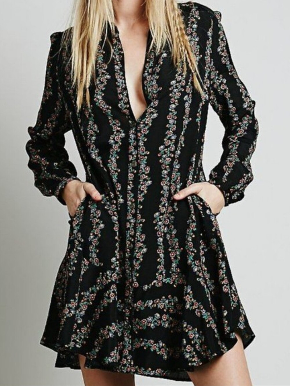 Free People Dark Romance Black Floral Long Sleeve Mini Dress Size XS